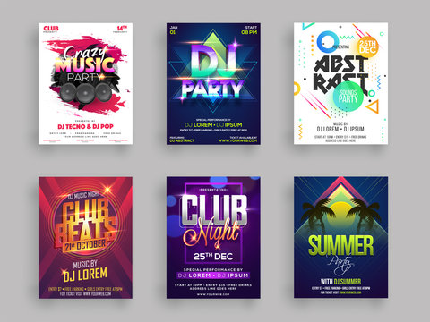 Musical or summer party flyer or poster design set in six different styles.