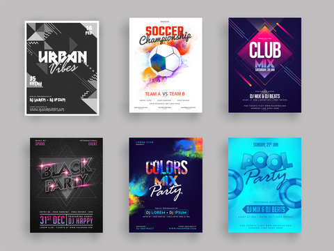 Vector illustration of six different style party flyer or banner design.