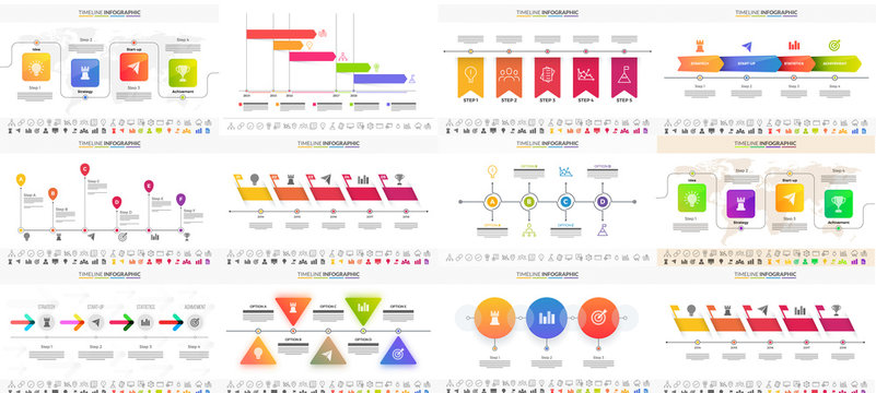 Vector illustration of colorful Timeline Infographic set can be used for workflow layout, presentation banner.