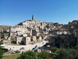 Obraz premium Matera, Panorama und Sehenswürdigkeiten der Felsenstadt / Höhlenstadt in Italien - Kulturhauptstadt Europas 2019