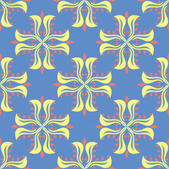 Floral seamless pattern. Blue background with colored flower elements