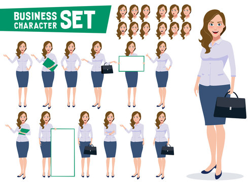 Business woman character vector set with professional young female office employee standing in different gestures and pose in white background. Vector illustration.
