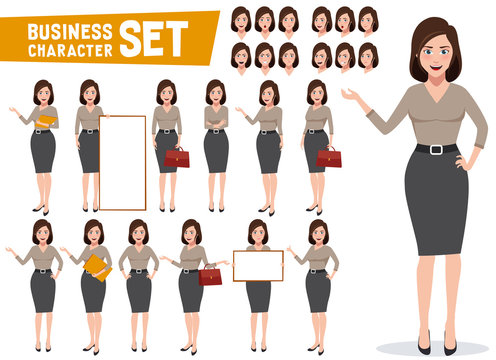 Business woman vector character set with professional young female office or sales employee in gestures and poses for presentations. Vector illustration.
