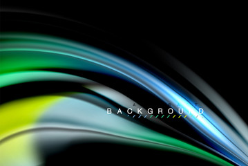 Fluid liquid colors design, colorful marble or plastic wavy texture background, glowing multicolored elements on black, for business or technology presentation or web brochure cover design, wallpaper