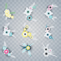 set of white and colorful paper flowers corners