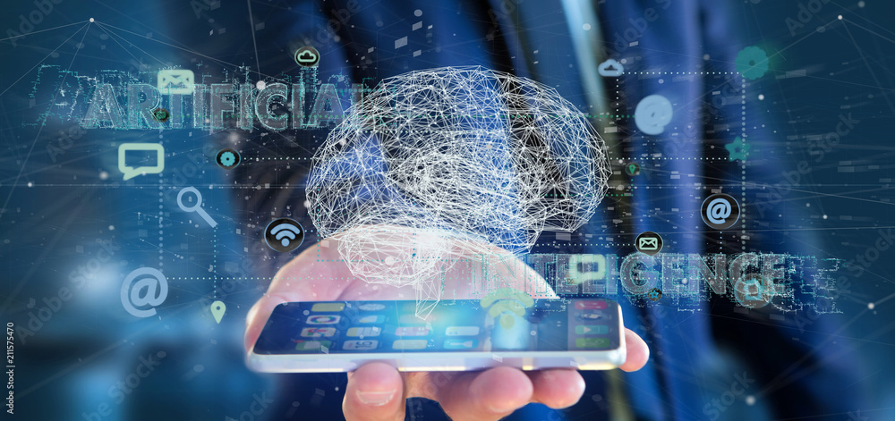 Aufkleber businessman holding a 3d rendering artificial intelligence concept with a brain and app