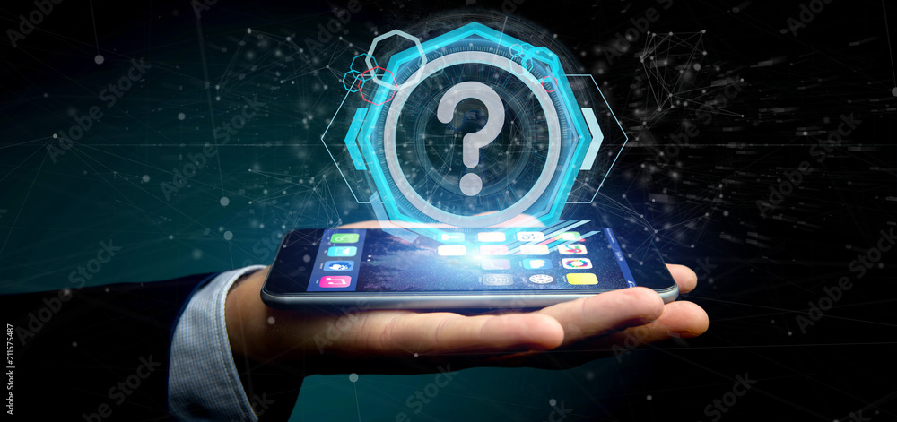 Poster man holding a technology question mark icon on a circle 3d rendering