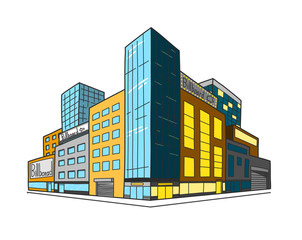 Draw building by hand on tablet. Day and night of downtown concept. Vector illustration.