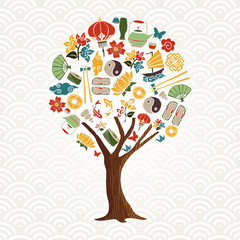 Chinese tree concept with asian culture icon set