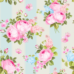 Elegant seamless rose pattern on blue tile background. Vector illustration.