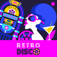 Fototapeta na wymiar Retro disco party. Colorful vector illustration, poster.