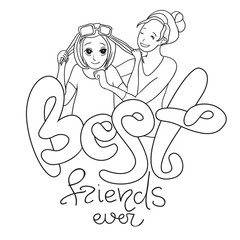Friendship day card. Two girls friendly with each other. Best friend ever calligraphy phrase