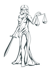 Themis - Ancient Greek goddess of justice. Hand drawn scales of justice. Symbols of the femida - justice, law, scales. Libra and a sword in hands, a bandage on eyes. Vector graphics to design