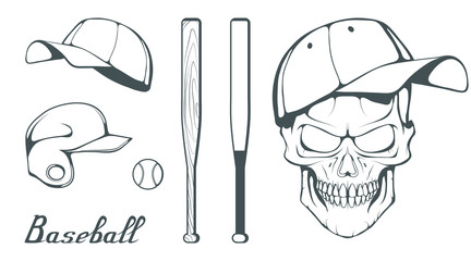 Set of baseball player design elements. Hand drawn Baseball ball. Cartoon baseball helmet. Hand drawn Man Head. Baseball bat. Vector graphics to design