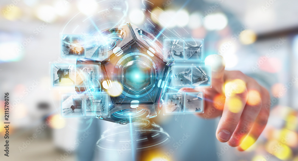 Poster businessman using futuristic drone security camera 3d rendering
