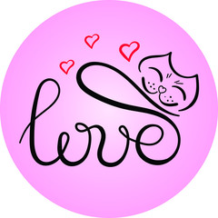Muzzle of a cat on the background colored circle. Text "Love". Vector