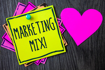 Handwriting text writing Marketing Mix Motivational Call. Concept meaning Actions to promote brand product in market Border sticky remember cards love heart pinned dark woody background.