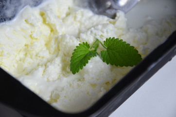 Close up vanila ice cream with leaf mint. Scoop of pistachio or mint ice cream