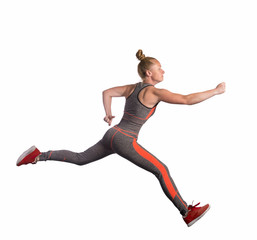 The girl runs on a white background.
