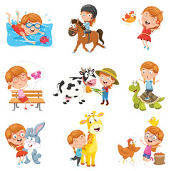 Vector Illustration Of Little Girl Playing With Animals