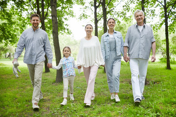 Naklejka na ściany i meble Five happy family members in casualwear walking down green lawn in park