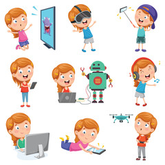 Vector Illustration Of Little Girl Playing With Devices