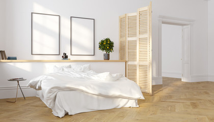 Fototapeta na wymiar White classic scandinavian loft bedroom interior, sunlight. 3d render illustration mock up.