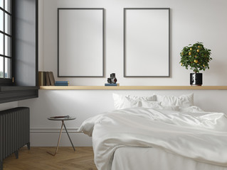 White classic scandinavian loft bedroom interior. 3d render illustration mock up.