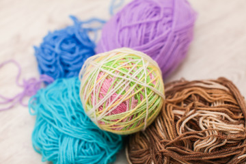 colorful threads for Knitting. close up of colorful yarn wool, a lot of balls. Knitting yarn for handmade winter clothes