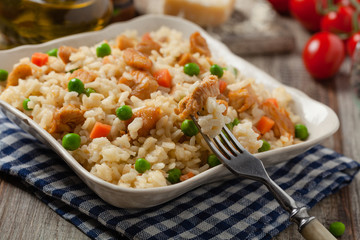 Delicious risotto with chicken and green peas.