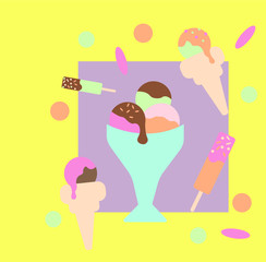 Ice cream.  Frame, background. Illustration for cafe, menu, birthday, card decoration. Vector