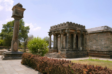 Side view of Shantinatha Basadi and Manastambha in front of it, Basadi Halli jain temple complex,...