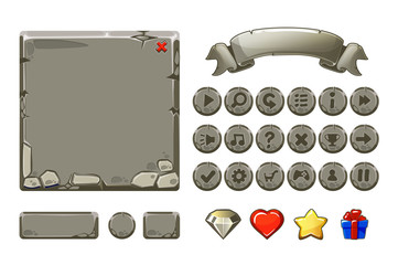 Big set Cartoon grey stone assets and buttons For Ui Game, GUI icons