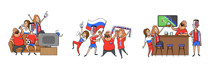Russian National football team supporters cheering at home, in the bar together. Set of football characters with national attributes. Colored flat vector illustration. Isolated on white background.