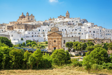 Panoramic view of Ostuni white town, Brindisi, Puglia (Apulia), Italy, Europe. Old Town is Ostuni's citadel. Ostuni is referred to as the White Town. Architecture and landmark of Italy.