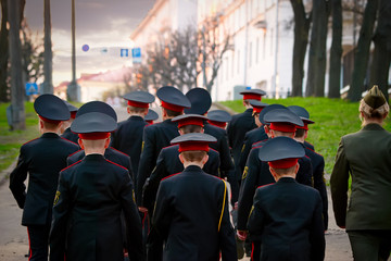 Young students of the Minsk Suvorov Military School, Belarus. Military education from a young age. Future officers of the armed forces.