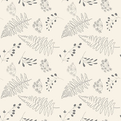 Vector botanical seamless pattern with  stylized berries, fern leaves and dill flowers.