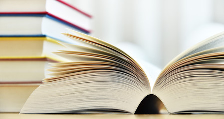 Books lying on the table in the public library