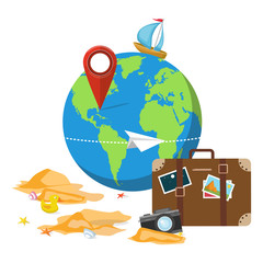 Vector illustration. Airplane flight, travelling around the world, concept of vacation trip.