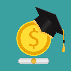  Graduate's cap and golden coin. Vector illustration. Investment in education concept.