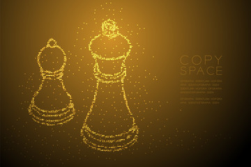 Abstract Geometric Bokeh circle dot pixel pattern Chess Queen and pawn shape, Business strategy concept design gold color illustration isolated on brown gradient background with copy space, vector