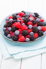 Fresh raspberries in a plate on a  vintage background.