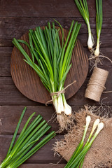 Fresh green onions on  cutting board. Top view