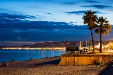 Beach and Sea in City of Nice in France at Dusk