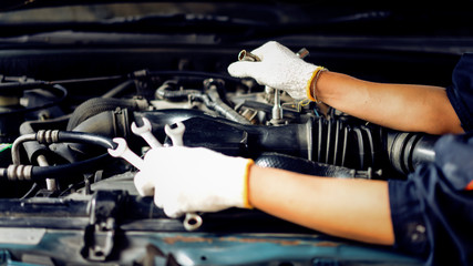 Auto mechanic Preparing For the work. Mechanic with Stainless Steel Wrench in Hand.Close up of...