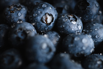 Top view macro shot of fresh blueberry with water drops