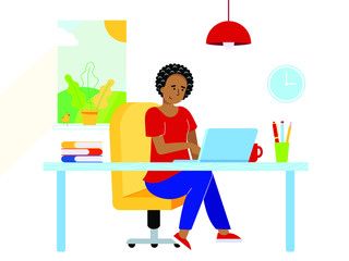 Freelance female girl businesswoman relaxing working on laptop at the home office. Woman, notebook, desk, books, pen, pencil, lamp, cup of coffee, window, clock flat style vector illustration isolated