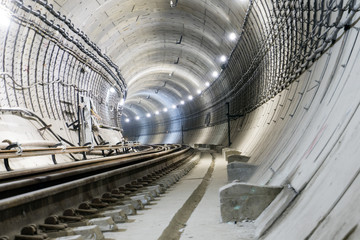 under construction subway tunnel of reinforced concrete tubes