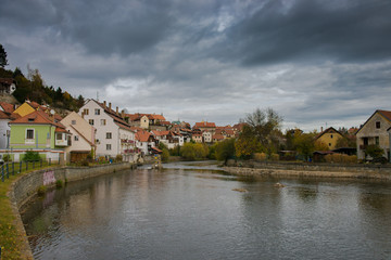 Old city view in fall. Czech krumlov. Traveling through Europe. The city in Czech Republic, sights. 


