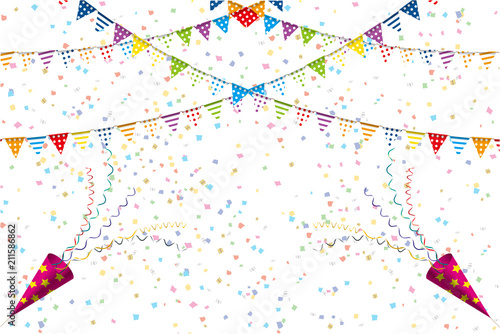 イラスト素材 白背景 クラッカーと紙吹雪とカラフルなガーランド 三角旗 パーティーフラッグ 横位置 Wall Mural Globeds